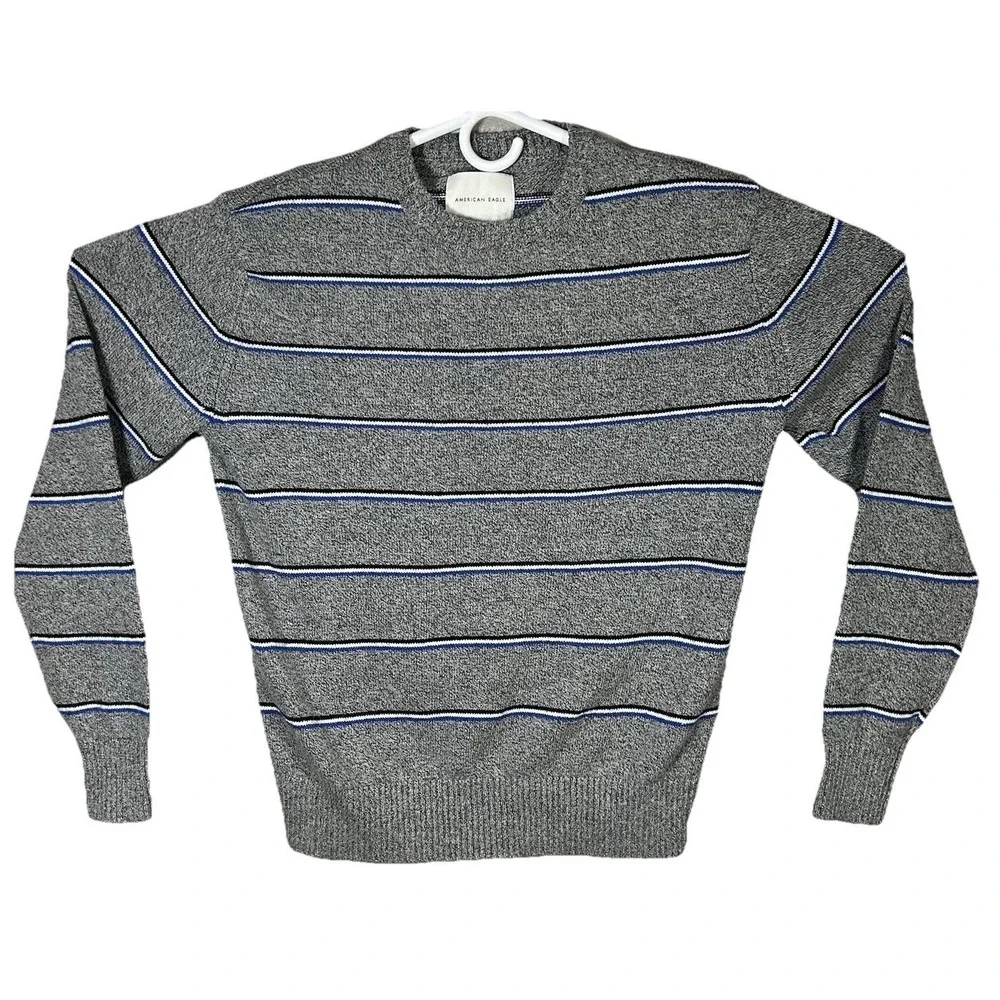 American Eagle Outfitters Sweater Men's Pullover Crew Neck Gray Blue Stripes